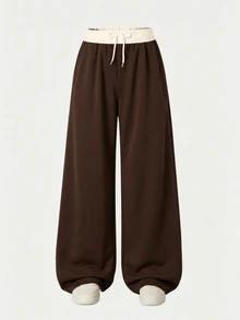 Tween Girls Casual Contrast Piping Drawstring Hem Wide Leg Straight Pants Fall Winter Polyester - Brown - View 3