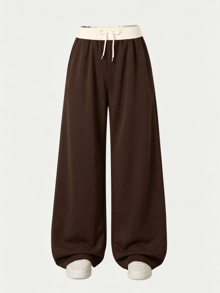 Tween Girls Casual Contrast Piping Drawstring Hem Wide Leg Straight Pants Fall Winter Polyester - Brown - View 3