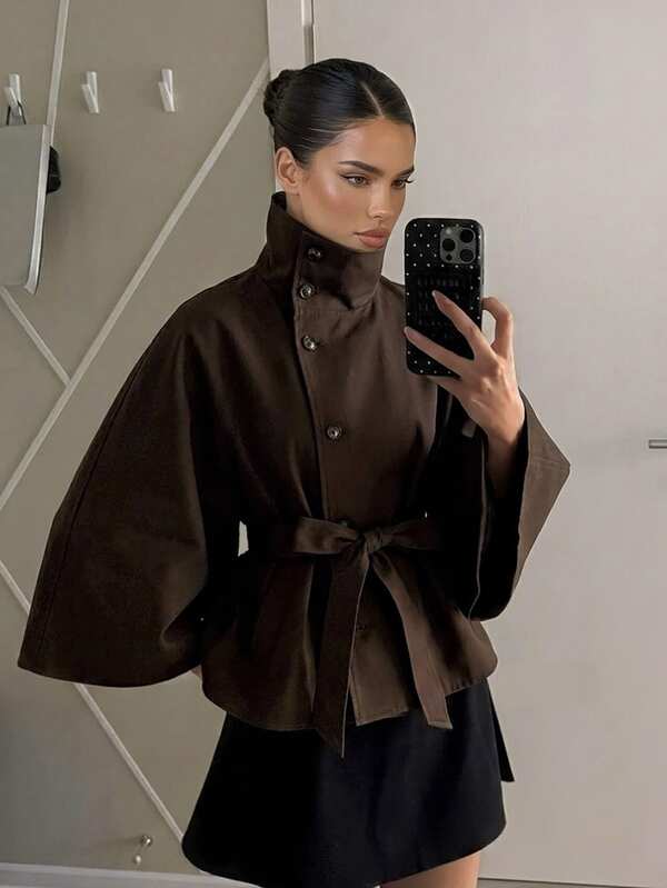 Aloruh Palton tip trench scurt pentru femei, toamnă/iarnă, nou, elegant, casual, stil modern street, cu guler drept și legătură în față