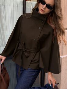 Aloruh 女款秋冬新款優雅休閒現代街頭風立領短款前綁帶披風式風衣 - 咖啡棕 - 查看 7