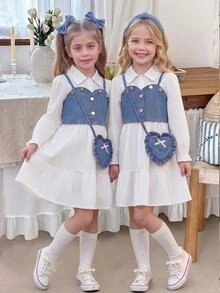 Toddler Girls 2pcs Polyester Shirt Collar Long Sleeve Button Ruffle Button Front Short Loose Fit T-Shirt Set Fall White - White - View 1