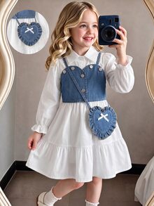 Toddler Girls 2pcs Polyester Shirt Collar Long Sleeve Button Ruffle Button Front Short Loose Fit T-Shirt Set Fall White - White - View 3