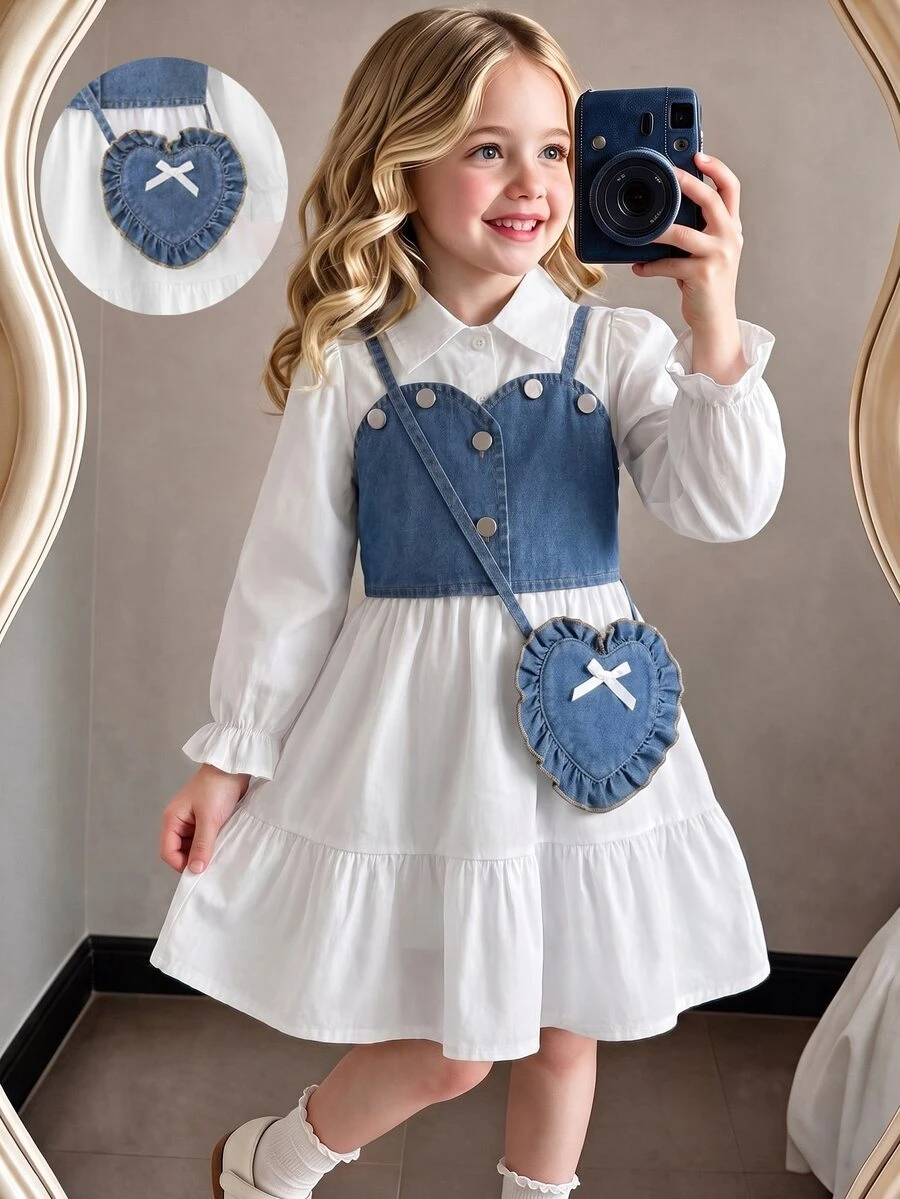 Toddler Girls 2pcs Polyester Shirt Collar Long Sleeve Button Ruffle Button Front Short Loose Fit T-Shirt Set Fall White - White - View 1