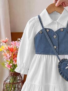 Toddler Girls 2pcs Polyester Shirt Collar Long Sleeve Button Ruffle Button Front Short Loose Fit T-Shirt Set Fall White - White - View 6