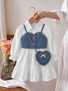 Toddler Girls 2pcs Polyester Shirt Collar Long Sleeve Button Ruffle Button Front Short Loose Fit T-Shirt Set Fall White - White - View 4