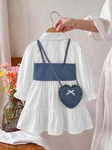 Toddler Girls 2pcs Polyester Shirt Collar Long Sleeve Button Ruffle Button Front Short Loose Fit T-Shirt Set Fall White - White - View 2