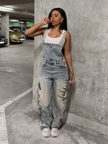 SHEIN Tall Tall Girl Distressed Grey Blue Tone Denim Overalls American Street Style Y2k 90's Streetwear Multi-Pocket Print Extra Long Wide Leg Everyday Fall - Light Wash - View 2