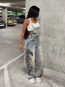 SHEIN Tall Tall Girl Distressed Grey Blue Tone Denim Overalls American Street Style Y2k 90's Streetwear Multi-Pocket Print Extra Long Wide Leg Everyday Fall - Light Wash - View 7