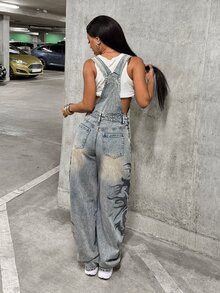 SHEIN Tall Tall Girl Distressed Grey Blue Tone Denim Overalls American Street Style Y2k 90's Streetwear Multi-Pocket Print Extra Long Wide Leg Everyday Fall - Light Wash - View 4