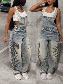 SHEIN Tall Tall Girl Distressed Grey Blue Tone Denim Overalls American Street Style Y2k 90's Streetwear Multi-Pocket Print Extra Long Wide Leg Everyday Fall - Light Wash - View 6