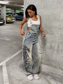 SHEIN Tall Tall Girl Distressed Grey Blue Tone Denim Overalls American Street Style Y2k 90's Streetwear Multi-Pocket Print Extra Long Wide Leg Everyday Fall - Light Wash - View 5
