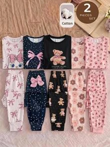 SHEIN Tween Girls Black Knitted Comfortable Fun Cartoon Bear Pattern V-Neck Half-Open Front Ruffle Long Sleeve Slim Fit Long Pants Soft Comfortable Home Sleepwear Set 2pcs - Multicolor - View 7
