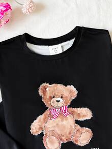 SHEIN Tween Girls Black Knitted Comfortable Fun Cartoon Bear Pattern V-Neck Half-Open Front Ruffle Long Sleeve Slim Fit Long Pants Soft Comfortable Home Sleepwear Set 2pcs - Multicolor - View 5