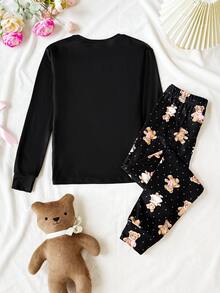 SHEIN Tween Girls Black Knitted Comfortable Fun Cartoon Bear Pattern V-Neck Half-Open Front Ruffle Long Sleeve Slim Fit Long Pants Soft Comfortable Home Sleepwear Set 2pcs - Multicolor - View 4