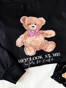 SHEIN Tween Girls Black Knitted Comfortable Fun Cartoon Bear Pattern V-Neck Half-Open Front Ruffle Long Sleeve Slim Fit Long Pants Soft Comfortable Home Sleepwear Set 2pcs - Multicolor - View 6