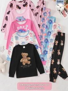 SHEIN Tween Girls Black Knitted Comfortable Fun Cartoon Bear Pattern V-Neck Half-Open Front Ruffle Long Sleeve Slim Fit Long Pants Soft Comfortable Home Sleepwear Set 2pcs - Multicolor - View 2