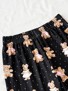 SHEIN Tween Girls Black Knitted Comfortable Fun Cartoon Bear Pattern V-Neck Half-Open Front Ruffle Long Sleeve Slim Fit Long Pants Soft Comfortable Home Sleepwear Set 2pcs - Multicolor - View 8
