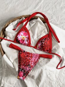 Swim Mod 2pcs/Set Women Summer Random Print Halter Backless Thong Bikini Set, Sexy - Multicolor - View 3