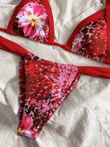 Swim Mod 2pcs/Set Women Summer Random Print Halter Backless Thong Bikini Set, Sexy - Multicolor - View 5