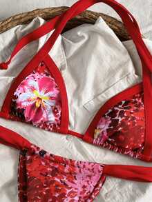 Swim Mod 2pcs/Set Women Summer Random Print Halter Backless Thong Bikini Set, Sexy - Multicolor - View 4