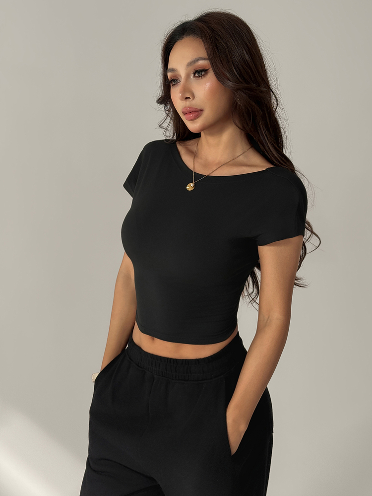 SHEIN PETITE Women's Solid Color Scoop Neck Short Sleeve Cropped Fitted T-Shirt,Summer Top,Petite Women Night Out Date Night Black Casual Sexy - Black - View 6