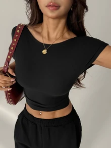 SHEIN PETITE 女款純色圓領短袖修身短版T恤，夏季上衣，適合嬌小女性 - 黑色 - 查看 8