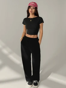 SHEIN PETITE 女款純色圓領短袖修身短版T恤，夏季上衣，適合嬌小女性 - 黑色 - 查看 10