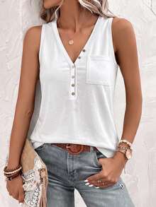 Solivie Summer Casual Versatile Solid Color Tank Top - White - View 3