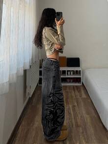 SHEIN Tall 高個女孩專屬磨損黑色水洗直筒牛仔褲，抽象曲線印花，寬鬆垂墜休閒街頭風寬腿長褲 - 黑色 - 查看 7