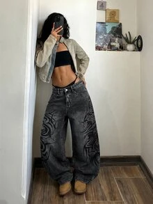 SHEIN Tall 高個女孩專屬磨損黑色水洗直筒牛仔褲，抽象曲線印花，寬鬆垂墜休閒街頭風寬腿長褲 - 黑色 - 查看 8