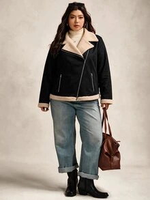 SHEIN LUNE Plus Size Women's Zipper Front Thermal Lined Motorcycle Jacket - Black - View 4
