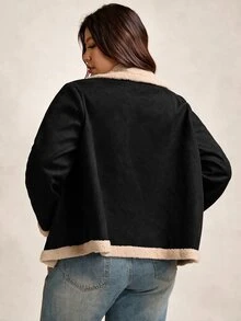 SHEIN LUNE Plus Size Women's Zipper Front Thermal Lined Motorcycle Jacket - Black - View 2