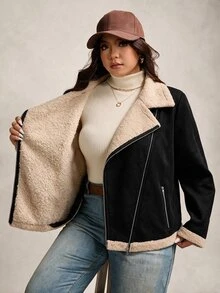 SHEIN LUNE Plus Size Women's Zipper Front Thermal Lined Motorcycle Jacket - Black - View 6