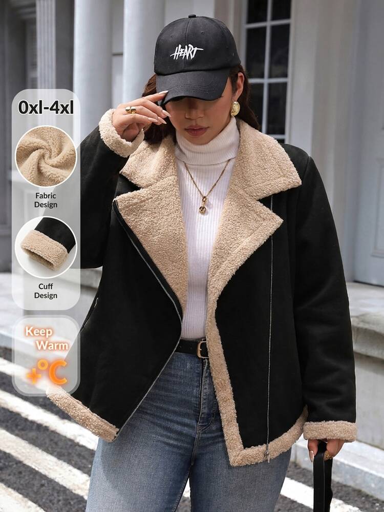SHEIN LUNE 大尺碼女款前拉鍊保暖內裡機車夾克 - 黑色 - 查看 10