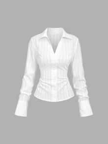 Sweetra Women's New White Shirt, Spring Summer Autumn Winter Long Sleeve Bell Sleeve V-Neck Waist-Cinching Design, Daily Commute Office Professional Elegant Style, Campus College Style - White - View 4