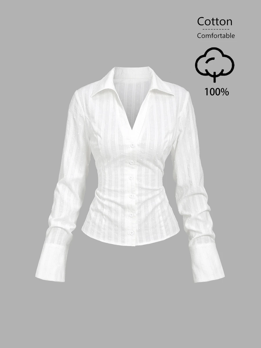 Sweetra Women's New White Shirt, Spring Summer Autumn Winter Long Sleeve Bell Sleeve V-Neck Waist-Cinching Design, Daily Commute Office Professional Elegant Style, Campus College Style - White - View 1