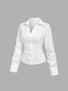 Sweetra Women's New White Shirt, Spring Summer Autumn Winter Long Sleeve Bell Sleeve V-Neck Waist-Cinching Design, Daily Commute Office Professional Elegant Style, Campus College Style - White - View 3