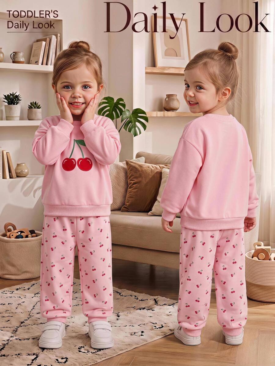 Baby Girl Casual Soft Pullover Thick Sweatshirt Set, Suitable For Autumn/Winter, Cartoon Pattern - Multicolor - View 1