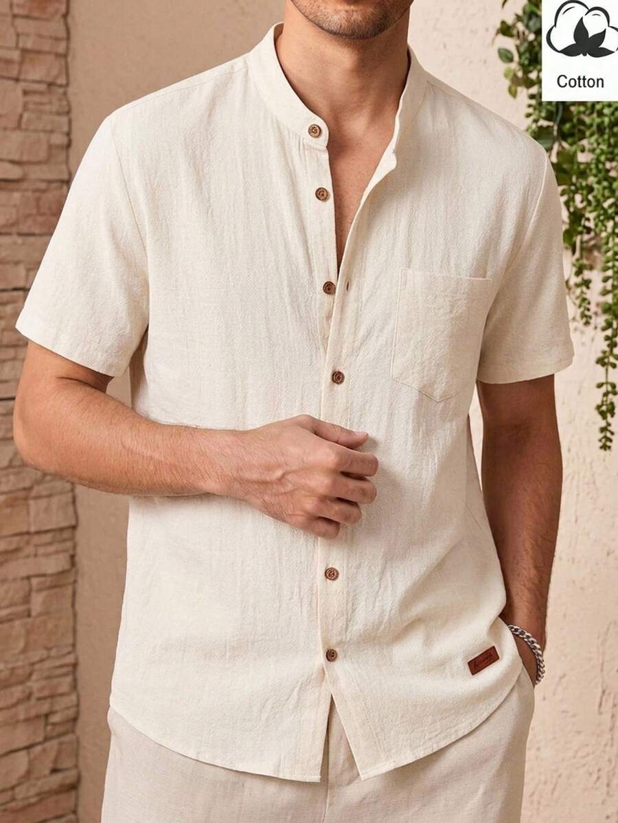 HIMLAND Men's Casual Woven Letter Patch Decor Small Stand Collar Fitted Short Sleeve Shirt - Apricot - View 1