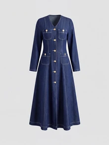 Easowa Women's Fashion Button Long Sleeve V-Neck Denim Dress - Blue - View 9