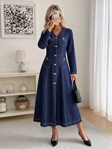Easowa Women's Fashion Button Long Sleeve V-Neck Denim Dress - Blue - View 2