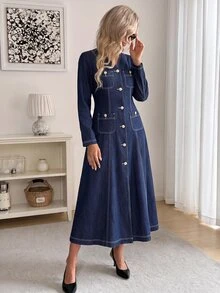 Easowa Women's Fashion Button Long Sleeve V-Neck Denim Dress - Blue - View 4