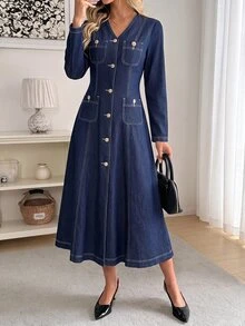 Easowa Women's Fashion Button Long Sleeve V-Neck Denim Dress - Blue - View 5