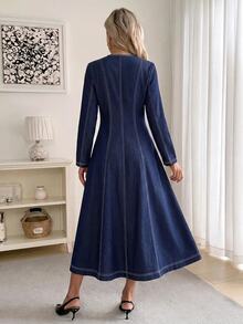 Easowa Women's Fashion Button Long Sleeve V-Neck Denim Dress - Blue - View 3