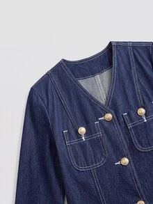 Easowa Women's Fashion Button Long Sleeve V-Neck Denim Dress - Blue - View 7