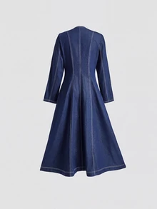 Easowa Women's Fashion Button Long Sleeve V-Neck Denim Dress - Blue - View 8
