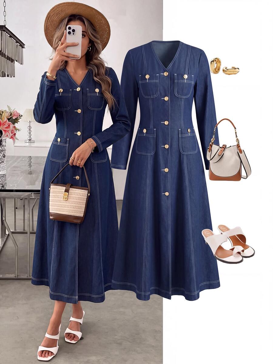 Easowa Women's Fashion Button Long Sleeve V-Neck Denim Dress - Blue - View 1