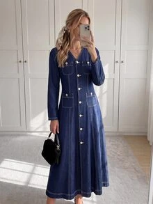 Easowa Women's Fashion Button Long Sleeve V-Neck Denim Dress - Blue - View 6