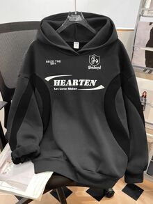 SHEIN 青少年女孩針織拼色字母印花寬鬆休閒衛衣 - 灰色 - 查看 8