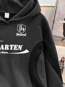 SHEIN 青少年女孩針織拼色字母印花寬鬆休閒衛衣 - 灰色 - 查看 4